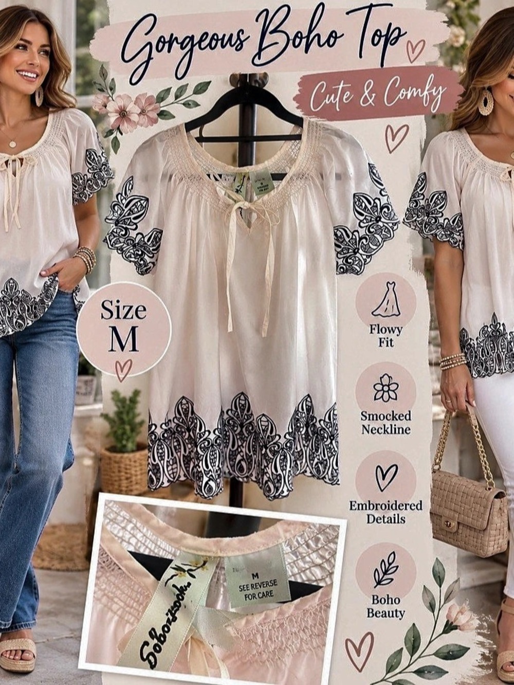 Sheer Boho Floral Embroidered Tunic in Pink Size Medium
